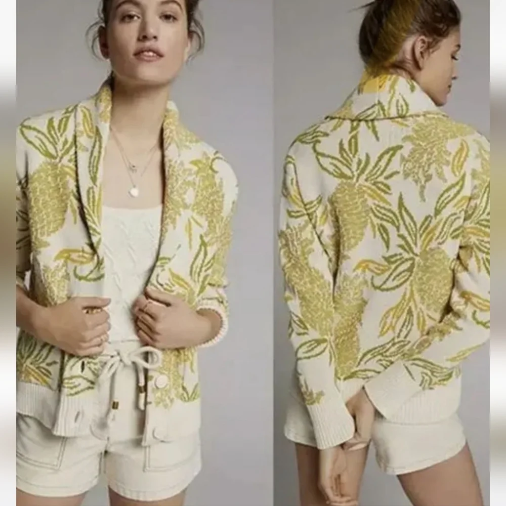 ANTHROPOLOGIE Maeve Pineapple  Cream Yellow Green Cardigan NWOT